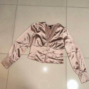 Satin Long Sleeve Buttoned Up V Neck Shirt